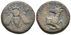 Ionia, Ephesos Æ 10mm. Circa 390-320 BC. Uncertain magistrate. Bee, seen from above; [E-Φ] across upper fields / OΔAΣ(?), stag kneeling to left, head ...