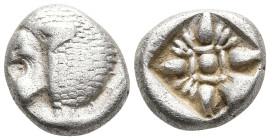 Ionia, Miletos. 4th Century BC AR Obol. forepart of lion right. Rev: star-like floral pattern. 1.08 gr, 8,5mm.