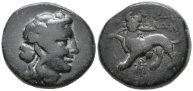Lydia, Sardes Æ 17mm. Circa 133 BC. Head of Dionysos right, wearing ivy wreath / ΣΑΡΔ[Ι]ΑΝ[ΩΝ], horned panther standing to left, head facing, holding ...