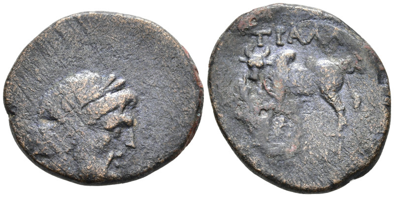 Lydia, Tralleis Æ17. 3rd century BC. Charinos, magistrate. Laureate head of Zeus...