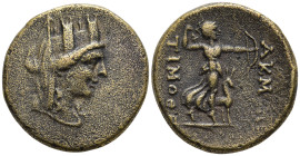 Phrygia, Akmoneia. AE20. 1st century BC. Timotheos son of Menelaos, magistrate. Turreted and draped bust of Tyche, right. Rev: AKMONE / TIMOΘEOY. Arte...