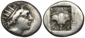 Islands off Karia, Rhodes AR Plinthophoric Drachm. Circa 190-170 BC. Agemachos, magistrate. Radiate head of Helios right / ΑΓEΜAXΟΣ, rose with bud; ap...