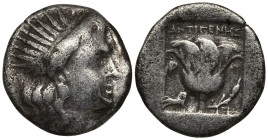 Islands off Karia, Rhodes AR Plinthophoric Drachm. Circa 190-170 BC. Agemachos, magistrate. Radiate head of Helios right / ΑΓEΜAXΟΣ, rose with bud; ap...