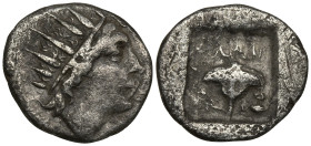 Islands off Caria. Rhodos. Rhodes. Circa 88-84 BC. Maes, magistrate.
AR Hemidrachm Radiate head of Helios right Rose with buds to left and right; MAHΣ...