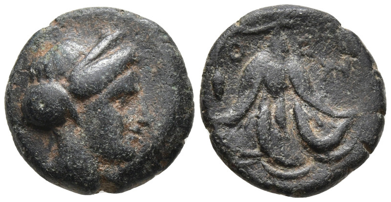 Rhodos, Rhodes Æ 11mm. Circa 350-300 BC. Head of Rhodos to right, wearing stepha...