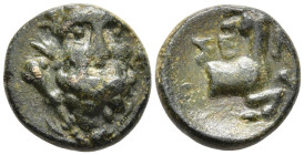 Pisidia, Selge Æ12. 2nd-1st centuries BC. Bearded head of Herakles facing / Forepart of stag right, head left; [K to right]. SNG France 1976. 2,22g, 1...