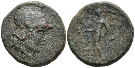 Seleukid Empire, Seleukos II Kallinikos Æ 17mm. Sardis, 246-226 BC. Head of Athena to right, wearing crested Attic helmet / Apollo standing to left, t...