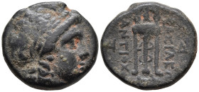 Seleukid Empire, Antiochos II Theos Æ 16mm. Sardes, circa 261-246 BC. Laureate head of Apollo to right / ΒΑΣΙΛΕΩΣ ANTIOXOY, tripod; Σ over E to outer ...