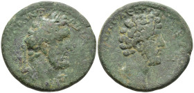 Bithynia, Nicomedia . Æ29. Antoninus Pius, with Marcus Aurelius as Caesar,
Bare-headed and draped bust of Marcus Aurelius to right, seen from behind.L...