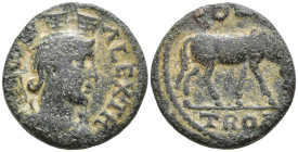 Troas, Alexandria. Pseudo-autonomous, c. AD 3rd century. Æ19mm. COL TROAD. Draped bust of Tyche, right; behind her, vexillum.COL AV, TRO. Horse grazin...