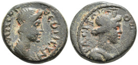 Mysia, Pergamum. Pseudo-autonomous. Time of Claudius-Nero (40-60?) Æ15mm. ΘЄAN PΩMHN. Turreted head of Roma right; lituus to right. ΘЄON CYNKΛHTON. Dr...