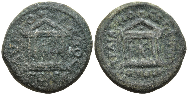 Mysia Pergamum. Divus Trajan, died 117. Æ18mm. Pollion, strategos, circa 134. ΤΡ...