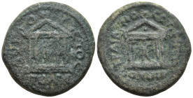 Mysia Pergamum. Divus Trajan, died 117. Æ18mm. Pollion, strategos, circa 134. ΤΡΑΙΑΝΟϹ ϹΤΡ ΠΩ-ΛΛΙΩΝΟϹ Tetrastyle temple of Divus Trajan on podium; wit...