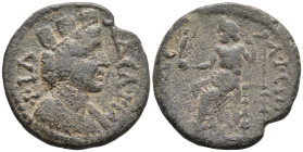 Lydia, Philadelphia. Pseudo-autonomous. Time of Septimius Severus AD 193-211. Æ20mm. Turreted and draped bust of Tyche right.ΦΙΛΑΔЄΛΦЄΩΝ. Zeus seated ...