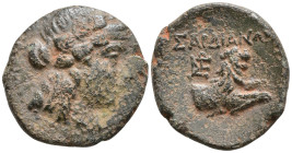 Lydia, Sardes. Circa 133 BC-AD 14. Æ17. Laureate head of Apollo to right. Rev. ΣAPΔIANΩ[N] Forepart of a lion to right; to left, monogram. Johnston, G...