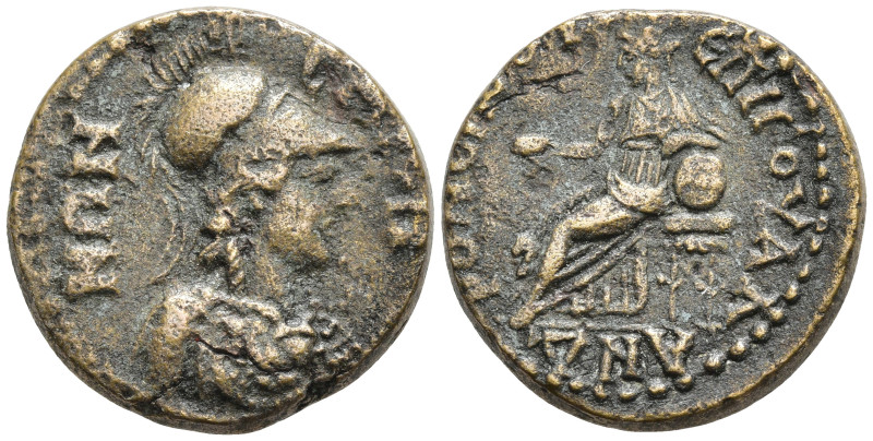 Lydia, Sala. Pseudo-autonomous issue, time of Hadrian 117-138. Æ18. Helmeted bus...