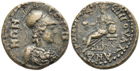 Lydia, Sala. Pseudo-autonomous issue, time of Hadrian 117-138. Æ18. Helmeted bust of Athena r., wearing aegis. R/ Cybele seated l., holding phiale, re...