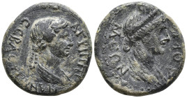 Phrygia, Aezanis. Agrippina II Augusta, 50-59. Æ17. ΑΓΡΙΠΠΙΝΑΝ / CЄΒΑCΤΗΝ.
Draped bust of Agrippina right. ΑΙΖΑΝΙΤΩΝ. Draped bust of Persephone right;...