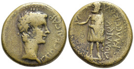 Phrygia, Aezanis. Gaius (Caligula). AD 37-41. Æ20. Lollios Klassikos, magistrate. Laureate head right / Zeus standing left, holding eagle and scepter....