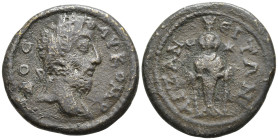 Phrygia, Aezani. Commodus AD 177-192 Æ20. ΑV ΚΑΙ ΚΟΜΟΔΟC. laureate head of Commodus (long beard), r. ΑΙΖΑΝƐΙΤΩΝ. cult statue of Artemis of Ephesus (Ha...