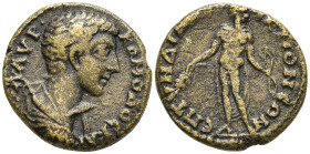 Phrygia, Acmoneia. Commodus. As Caesar, AD 166-177. Æ 17. Tyndianos, magistrate. Bareheaded, draped, and cuirassed bust right, seen from behind / Apol...