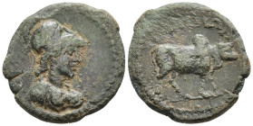 Phrygia, Alia. Pseudo-autonomous issue AD 117-138. Æ15. Helmeted bust of Athena, right, wearing aegis ΑΛΙΗΝΩΝ. Humped bull standing right. RPC 2617; v...