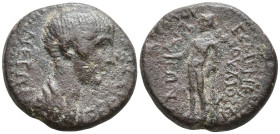 Phrygia, Eumeneia. Nero. AD 54-68. Æ 18. Julius Kleon, archiereus of Asia. Struck circa AD 54-55. Bareheaded and draped bust right / Apollo standing l...