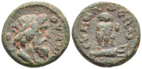 Phrygia, Synnada. Pseudo-autonomous, AD 2nd-3rd centuries Æ14, ΘVNNAPOC.
Draped bust of Thynnaros right. CVNNAΔЄΩN.
Owl, with head facing, standing le...