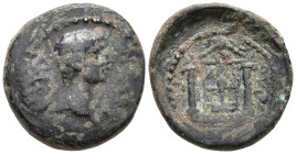 Pamphylia. Perge. Nero AD 54-68. Æ 14mm.
NЄPWN, bare head right / ΠΕΡΓΑ ΑΡΤΕ, distyle temple, enclosing statue of Artemis of Perga; eagle in pediment....