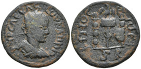 Pisidia, Antioch. Valerian I AD 253-260. Æ 22mm. IMP CAERAS LL OVNAHIAC, radiate, draped and cuirassed bust right / ANTIO-CHICC, Vexillum surmounted b...