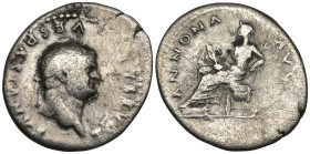 Vespasian AR Denarius. Rome, AD 77-78. CAESAR VESPASIANVS AVG, laureate head right / ANNONA AVG, Annona seated left, holding grain ears. RIC 964; RSC ...