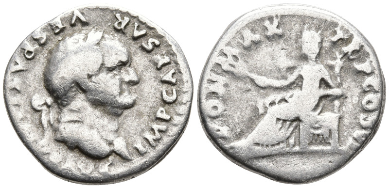 Vespasian AR Denarius. Rome, AD 75. IMP CAESAR VESPASIANVS AVG, laureate head ri...