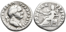 Vespasian AR Denarius. Rome, AD 75. IMP CAESAR VESPASIANVS AVG, laureate head right / PON MAX TR P COS VI, Pax seated left resting left elbow on thron...