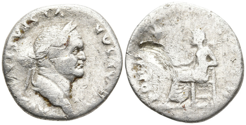Vespasian AR Denarius. Rome, AD 75. IMP CAESAR VESPASIANVS AVG, laureate head ri...