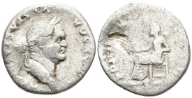 Vespasian AR Denarius. Rome, AD 75. IMP CAESAR VESPASIANVS AVG, laureate head right / PON MAX TR P COS VI, Pax seated left resting left elbow on thron...