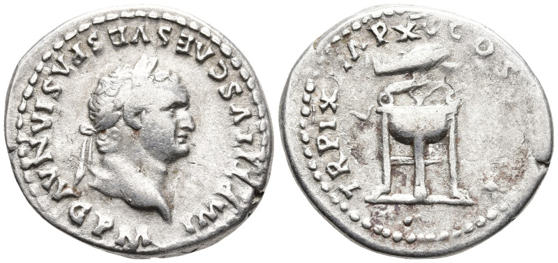 Titus, as Caesar, AR Denarius. Rome, AD 80. IMP TITVS CAES VESPASIAN AVG P M, la...