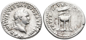 Titus, as Caesar, AR Denarius. Rome, AD 80. IMP TITVS CAES VESPASIAN AVG P M, laureate head right / TR P IX IMP XV COS VIII P P, dolphin set on tripod...