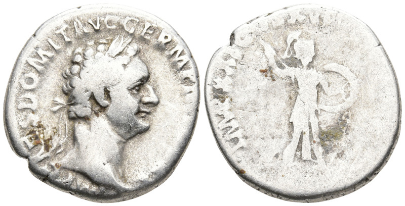 Domitian AR Denarius. Rome, 92. Laureate head r. / Minerva advancing r., holding...