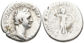 Domitian AR Denarius. Rome, 92. Laureate head r. / Minerva advancing r., holding spear and shield. RIC 728; RSC 273. 3.47g, 18,3mm, 6h.