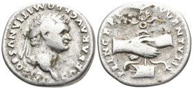 Domitian, as Caesar, AR Denarius. Rome, January - June AD 79. CAESAR AVG F DOMITIANVS COS VI, laureate head right / PRINCEPS IVVENTVTIS, clasped hands...