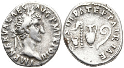 Nerva AR Denarius. Rome, AD 97. IMP NERVA CAES AVG P M TR POT II, laureate head right / COS III PATER PATRIAE, simpulum, sprinkler, ewer, and lituus. ...