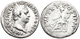 Trajan AR Denarius. Rome, circa AD 98-99. IMP CAES NERVA TRAIAN AVG GERM, laureate head right / P M TR P COS II P P, Concordia seated left, holding pa...