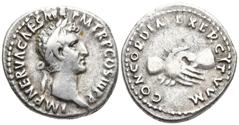 Nerva AR Denarius. Rome, AD 97. IMP NERVA CAES AVG P M TR P COS III P P, laureat...