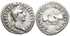 Nerva AR Denarius. Rome, AD 97. IMP NERVA CAES AVG P M TR P COS III P P, laureate head right / CONCORDIA EXERCITVVM, clasped right hands. RIC II 14; R...