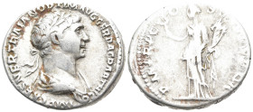 Trajan AR Denarius. Rome, AD 98-99. IMP CAES NERVA TRAIAN AVG GERM, laureate head to right / P M TR P COS II P P, Pax standing to left, holding olive-...