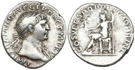 Trajan AR Denarius. Rome, AD 108. IMP TRAIANO AVG GER DAC P M TR P, laureate bust right, drapery on far shoulder / COS V P P SPQR OPTIMO PRINC, Vesta ...