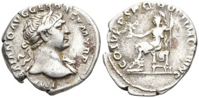 Trajan AR Denarius. Rome, AD 108. IMP TRAIANO AVG GER DAC P M TR P, laureate bust right, drapery on far shoulder / COS V P P SPQR OPTIMO PRINC, Vesta ...