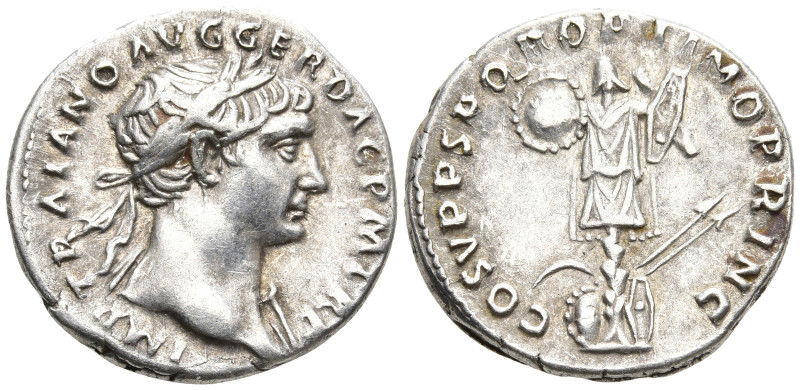 Trajan AR Denarius. Rome, AD 103-111. IMP TRAIANO AVG GER DAC P M TR P, laureate...