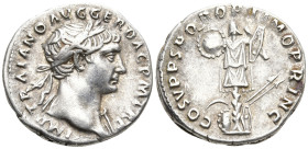 Trajan AR Denarius. Rome, AD 103-111. IMP TRAIANO AVG GER DAC P M TR P, laureate head right / COS V P P SPQR OPTIMO PRINC, trophy with one round and t...