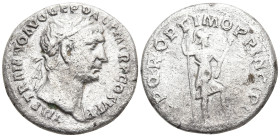 Trajan AR Denarius. Rome, 103-104 AD. IMP TRAIANO AVG GER DAC P M TR P COS V P P, laureate bust right, draped far shoulder / SPQR OPTIMO PRINCIPI, Vir...